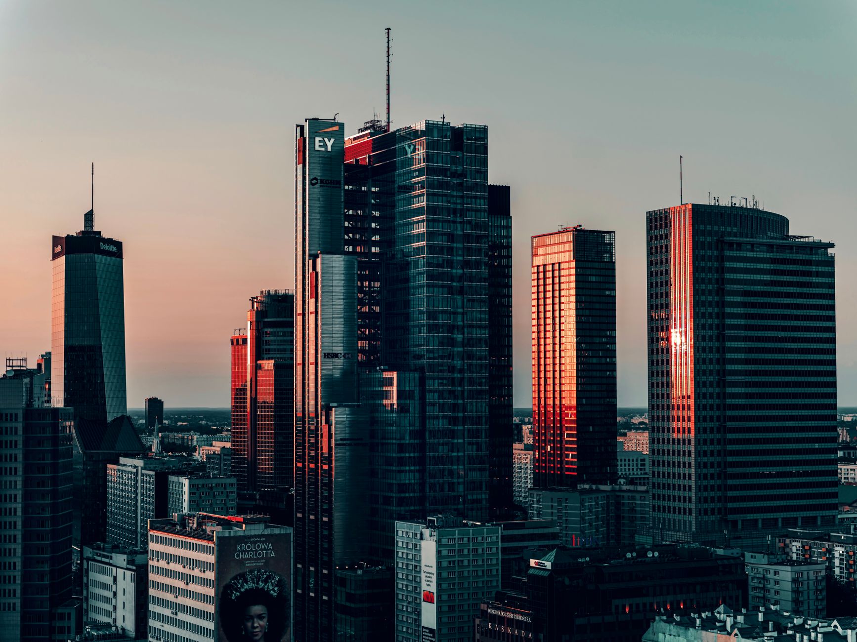 modern buildings in a city at dusk