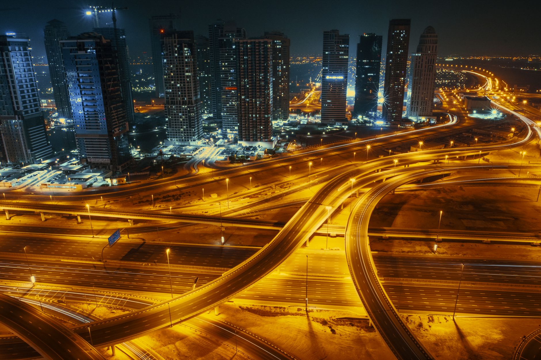 drone shot of a highway at night